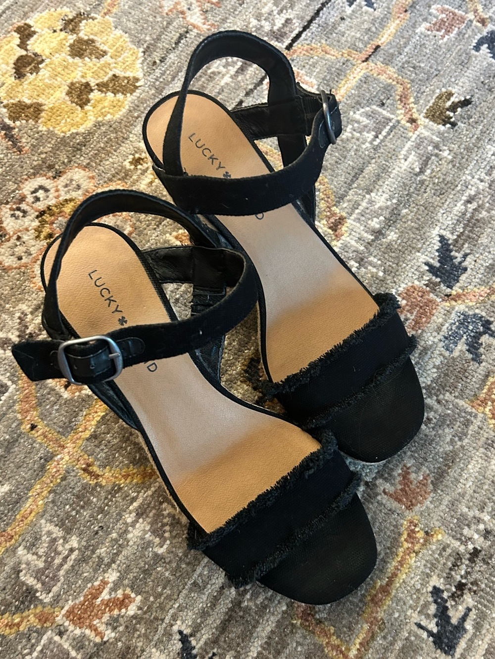 Lucky Brand Black Frayed-Strap Heeled Sandals Size 8